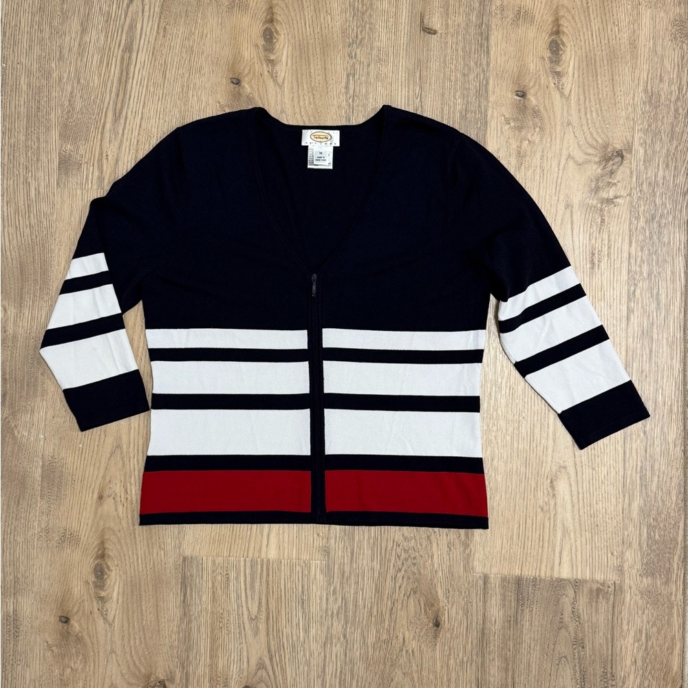 Talbots Petites Navy and White Cardigan Sweater